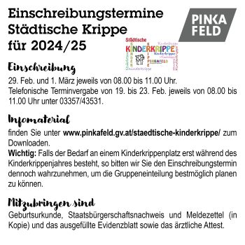 Einschreibungstermine 2024/2025 Städtische Kinderkrippe & Städtischer Kindergarten